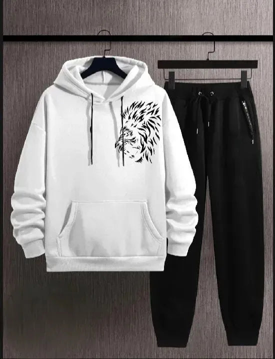 Side lion face High Quality Winter Fleece Tracksuit Export Quality Casual Printed Hoodie + Trouser Track Suit
