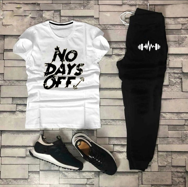 Trendy NO DAYS OFF Tag Printed Summer Tracksuit For Men & Boys Tee-shirt with trousers New Design Round Neck Half Sleeves T Shirts Top Quality Gym Wear/Casual and comfortable Pair T-Shirt and Trouser