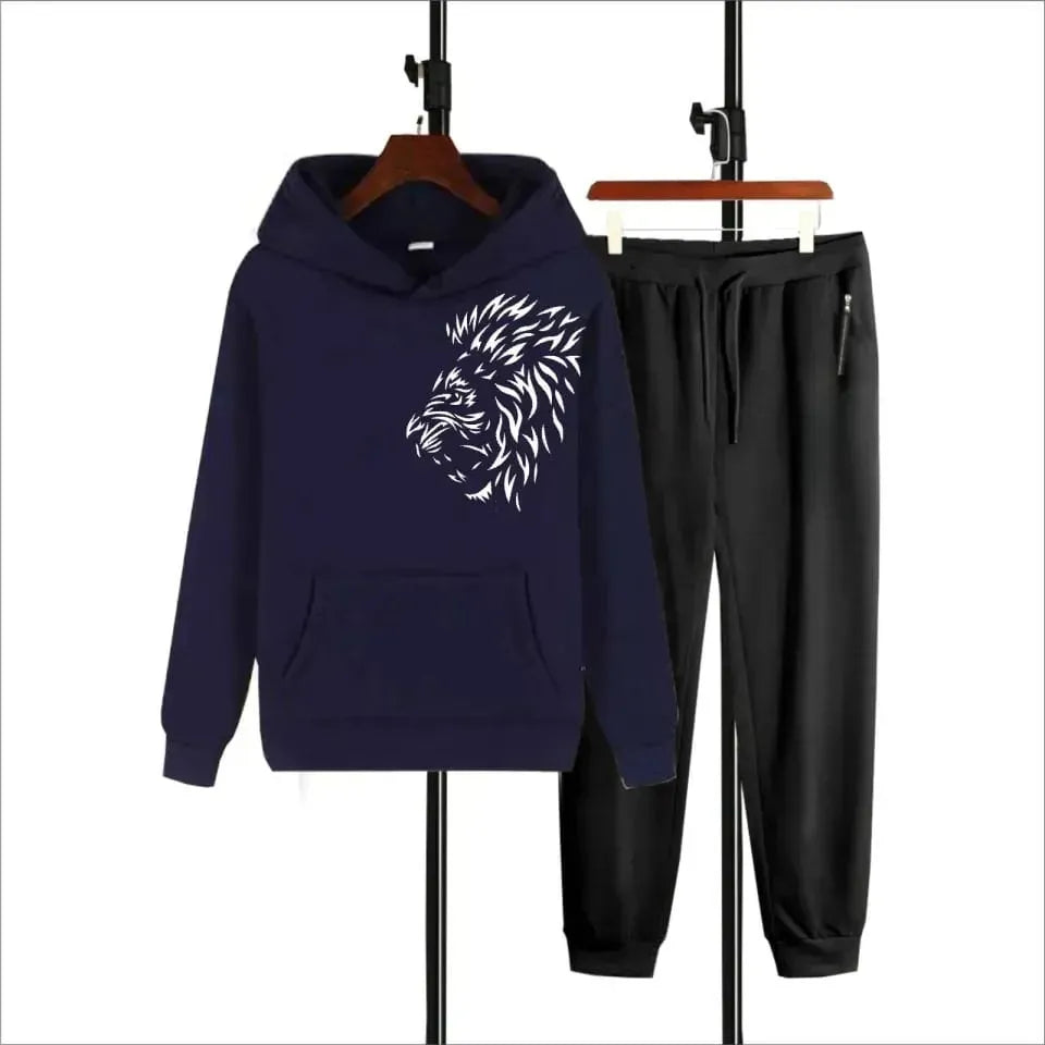 Side lion face High Quality Winter Fleece Tracksuit Export Quality Casual Printed Hoodie + Trouser Track Suit