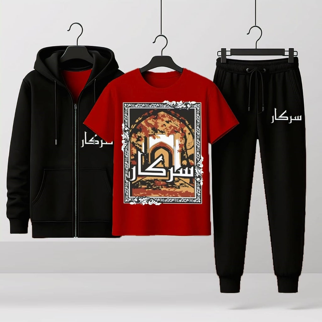 Winter Fleece Tracksuit Sarkaar Printed Zipper Hoodie, T-Shirt, Trousers for Men and Boys