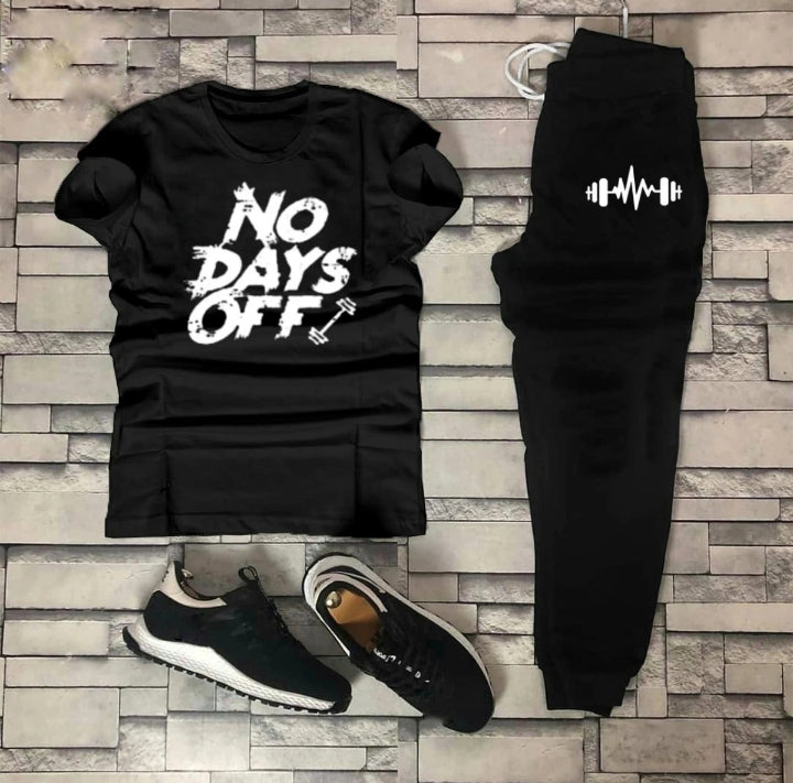 Trendy NO DAYS OFF Tag Printed Summer Tracksuit For Men & Boys Tee-shirt with trousers New Design Round Neck Half Sleeves T Shirts Top Quality Gym Wear/Casual and comfortable Pair T-Shirt and Trouser