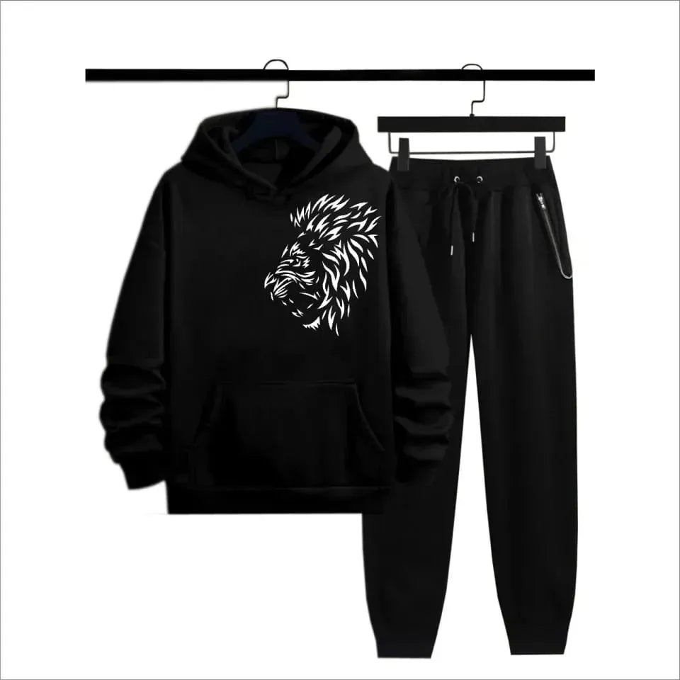 Side lion face High Quality Winter Fleece Tracksuit Export Quality Casual Printed Hoodie + Trouser Track Suit