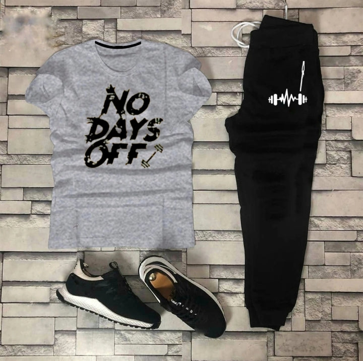 Trendy NO DAYS OFF Tag Printed Summer Tracksuit For Men & Boys Tee-shirt with trousers New Design Round Neck Half Sleeves T Shirts Top Quality Gym Wear/Casual and comfortable Pair T-Shirt and Trouser