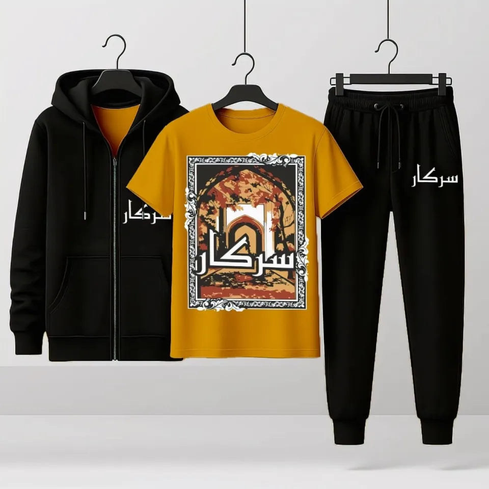 Winter Fleece Tracksuit Sarkaar Printed Zipper Hoodie, T-Shirt, Trousers for Men and Boys