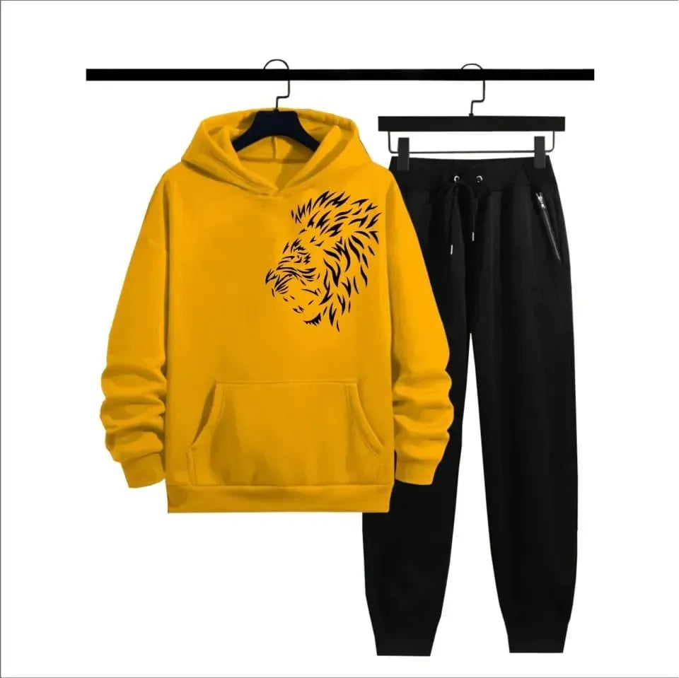 Side lion face High Quality Winter Fleece Tracksuit Export Quality Casual Printed Hoodie + Trouser Track Suit